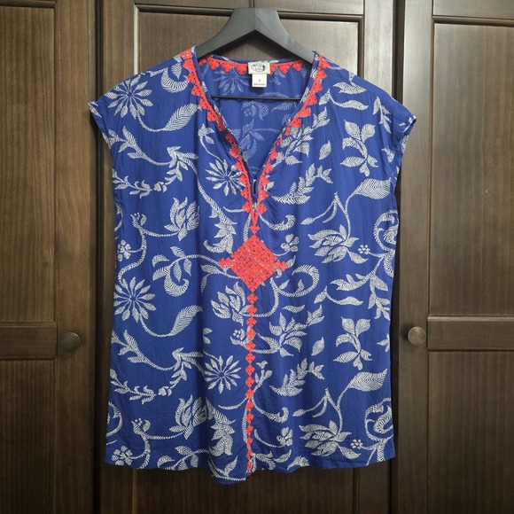 Tops - Irving & Fine x Lucky Brand Popover Print Top Embroidered Boho Red Blue Small